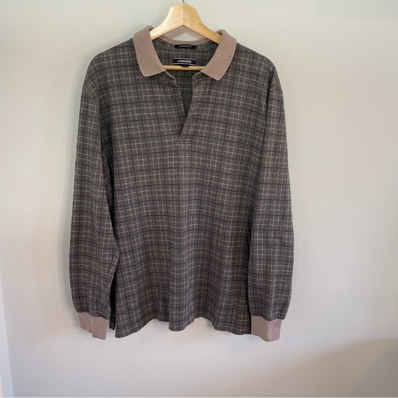 LANDS' END Men's Long Sleeve Supima Cotton Polo Shirt, size XL 46-48, Grey Check - Picture 1 of 5